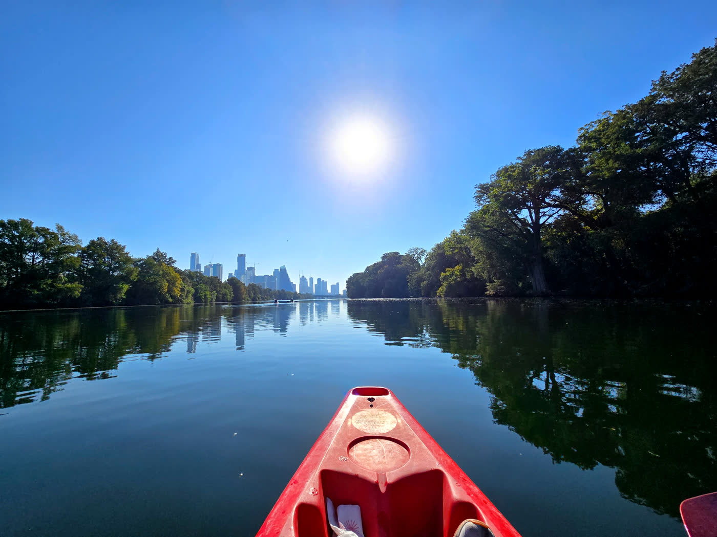 Kayaking toward the Austin skyline on Lady Bird Lake